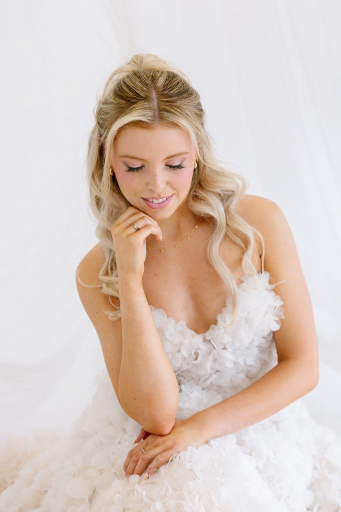 Bridal beauty look featuring modern glowing makeup and polished half up curls by Hannah Bailey for the Scottish Wedding Hair & Makeup Directory shoot.