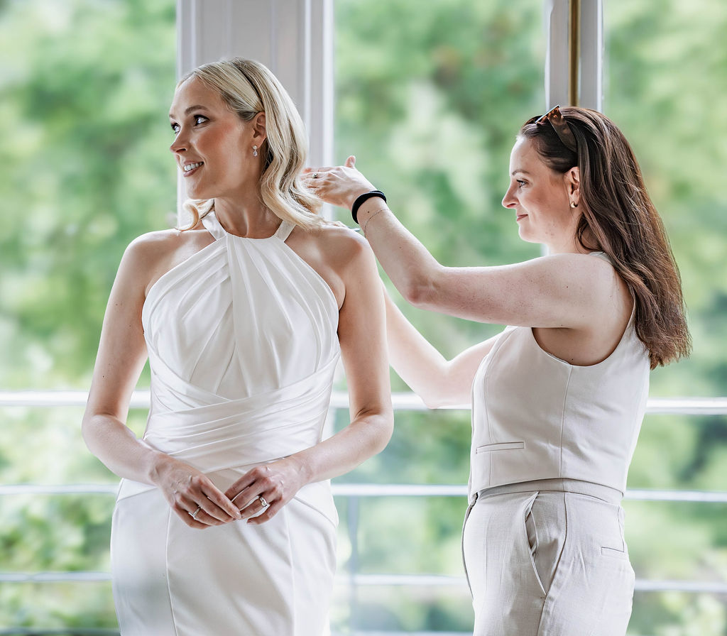 Scottish bride with soft Hollywood waves and natural glam makeup at a Dunkeld House wedding photoshoot.